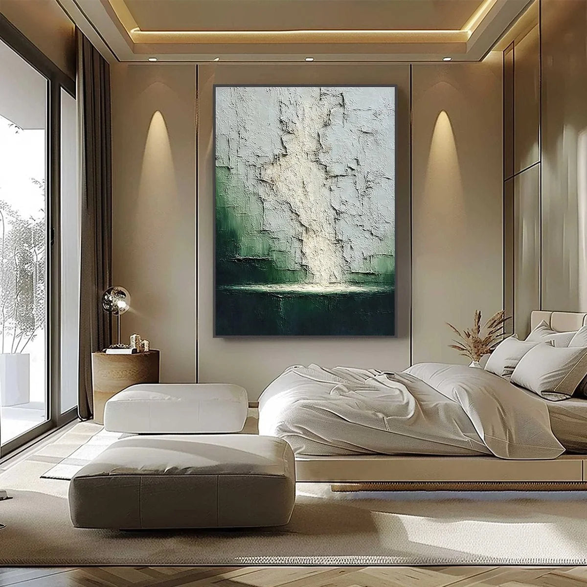 VERDANT CHASM: Textured Wabi Sabi Abstract Landscape Painting | black frame version on white wall