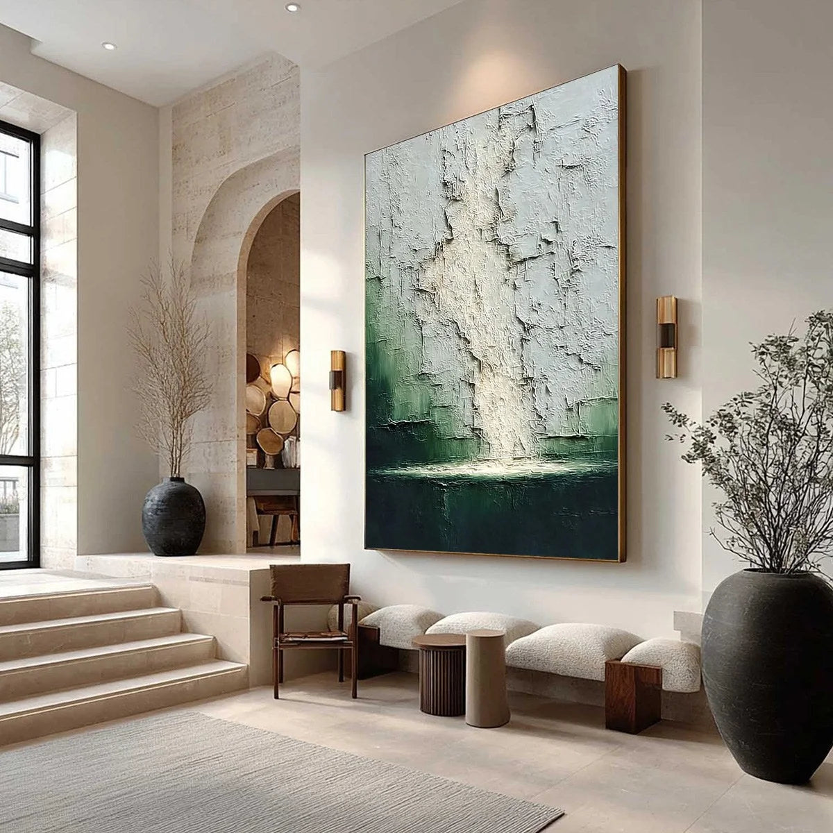 VERDANT CHASM: Textured Wabi Sabi Abstract Landscape Painting | Abstract mood, soft natural light studio shot