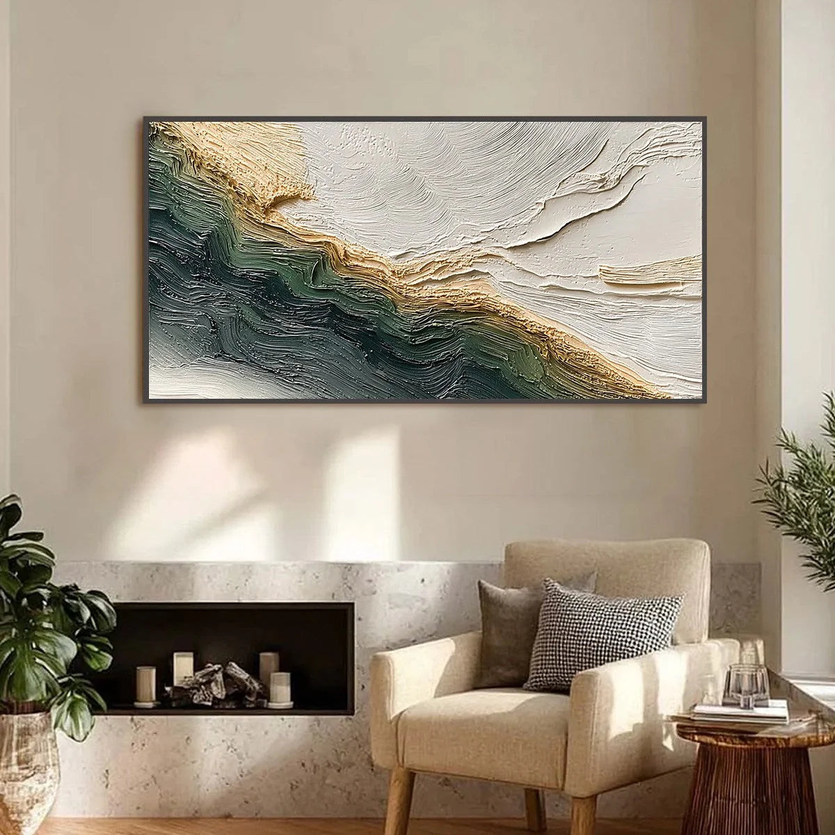 VERDANT COAST: Wabi Sabi Style Textured Abstract Landscape Painting | Abstract closeup, raised brushwork detail