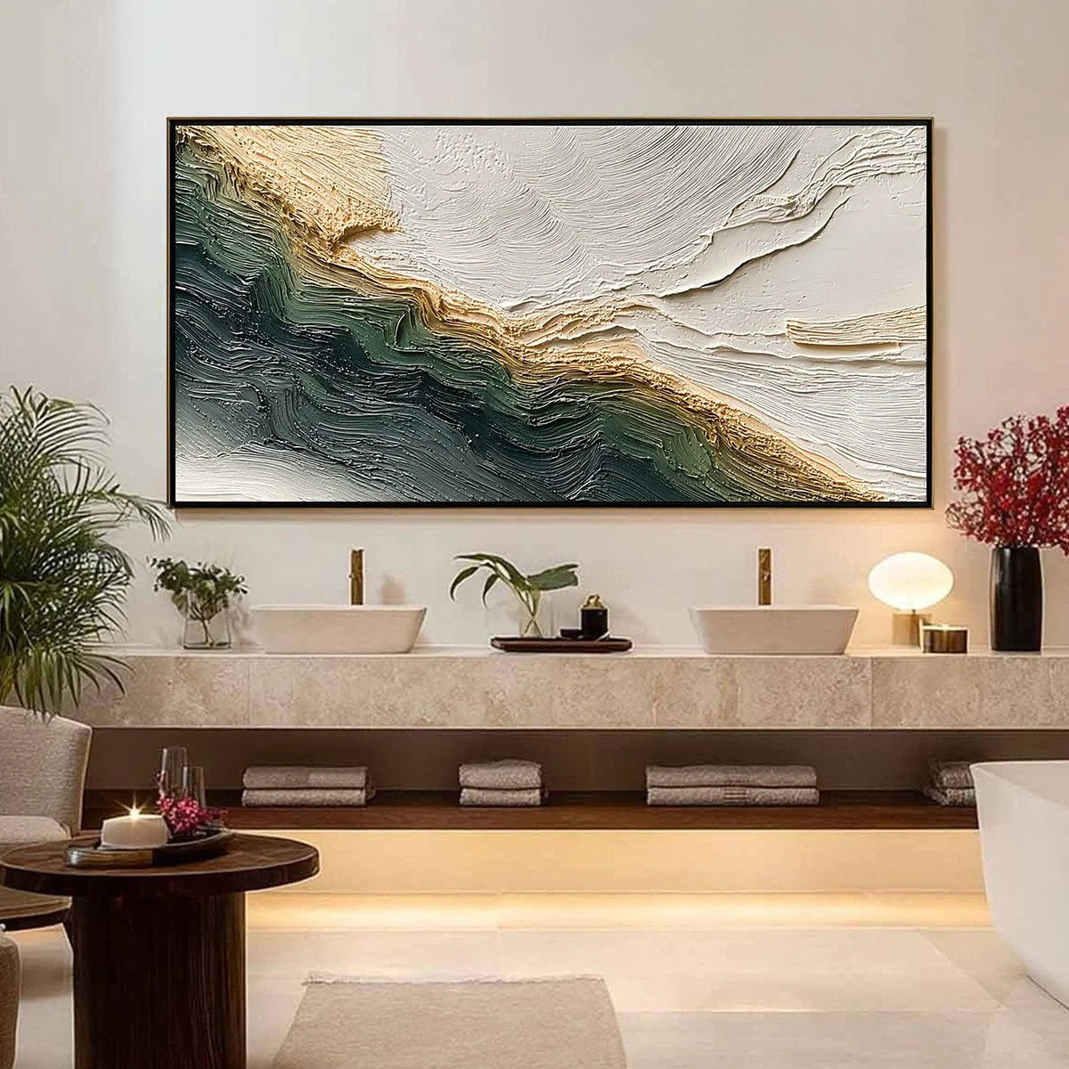 VERDANT COAST: Wabi Sabi Style Textured Abstract Landscape Painting | gold frame stretched on neutral wall