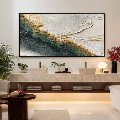 VERDANT COAST: Wabi Sabi Style Textured Abstract Landscape Painting | gold frame stretched on neutral wall