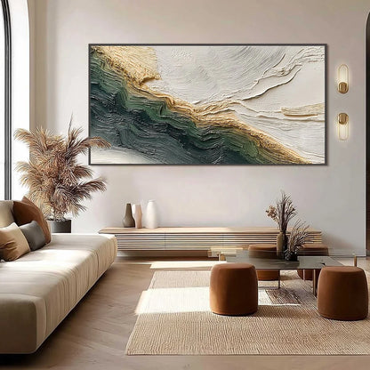 VERDANT COAST: Wabi Sabi Style Textured Abstract Landscape Painting | black frame version on white wall