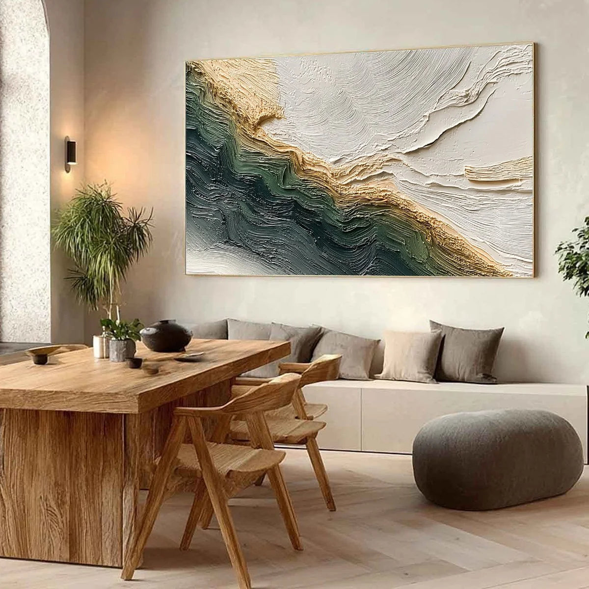 VERDANT COAST: Wabi Sabi Style Textured Abstract Landscape Painting | Abstract mood, soft natural light studio shot