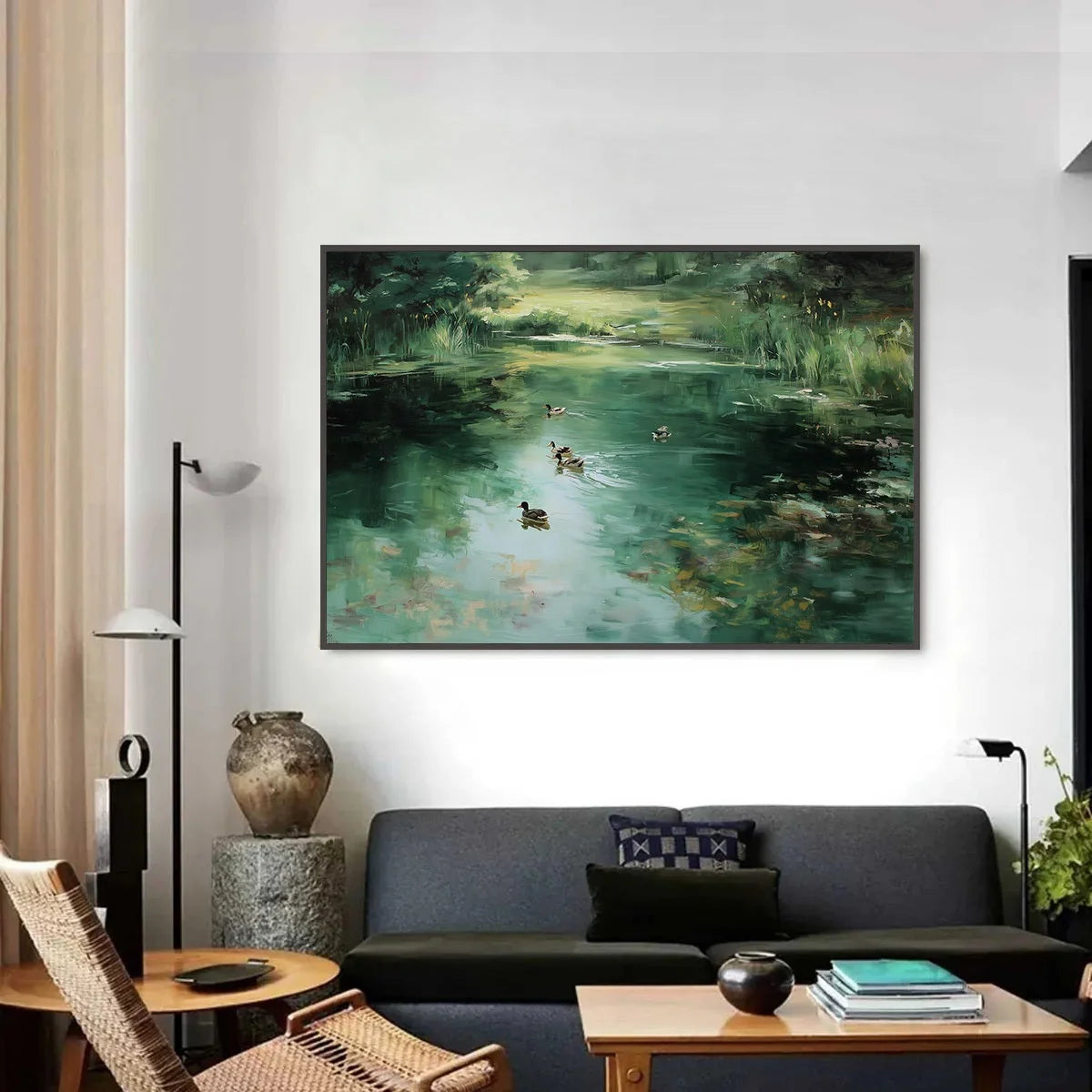 VERDANT DRIFT: Impressionistic Green Pond with Ducks Oil Painting | Impressionist closeup, raised brushwork detail