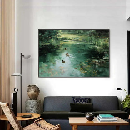 VERDANT DRIFT: Impressionistic Green Pond with Ducks Oil Painting | Impressionist closeup, raised brushwork detail
