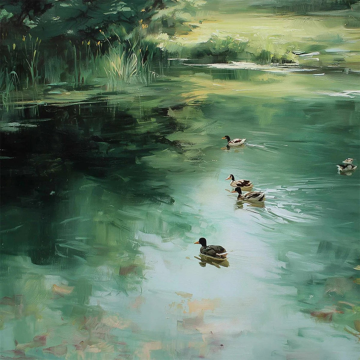 VERDANT DRIFT: Impressionistic Green Pond with Ducks Oil Painting | rectangular format, hand-painted canvas edge