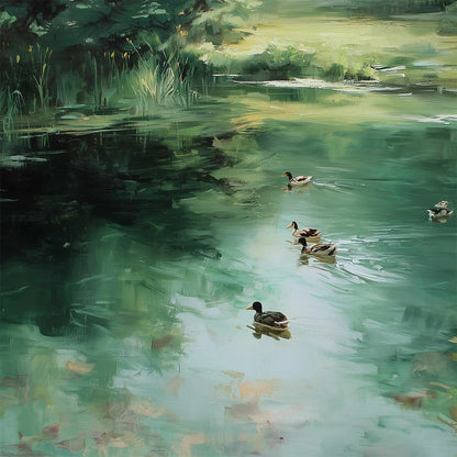 VERDANT DRIFT: Impressionistic Green Pond with Ducks Oil Painting | rectangular format, hand-painted canvas edge