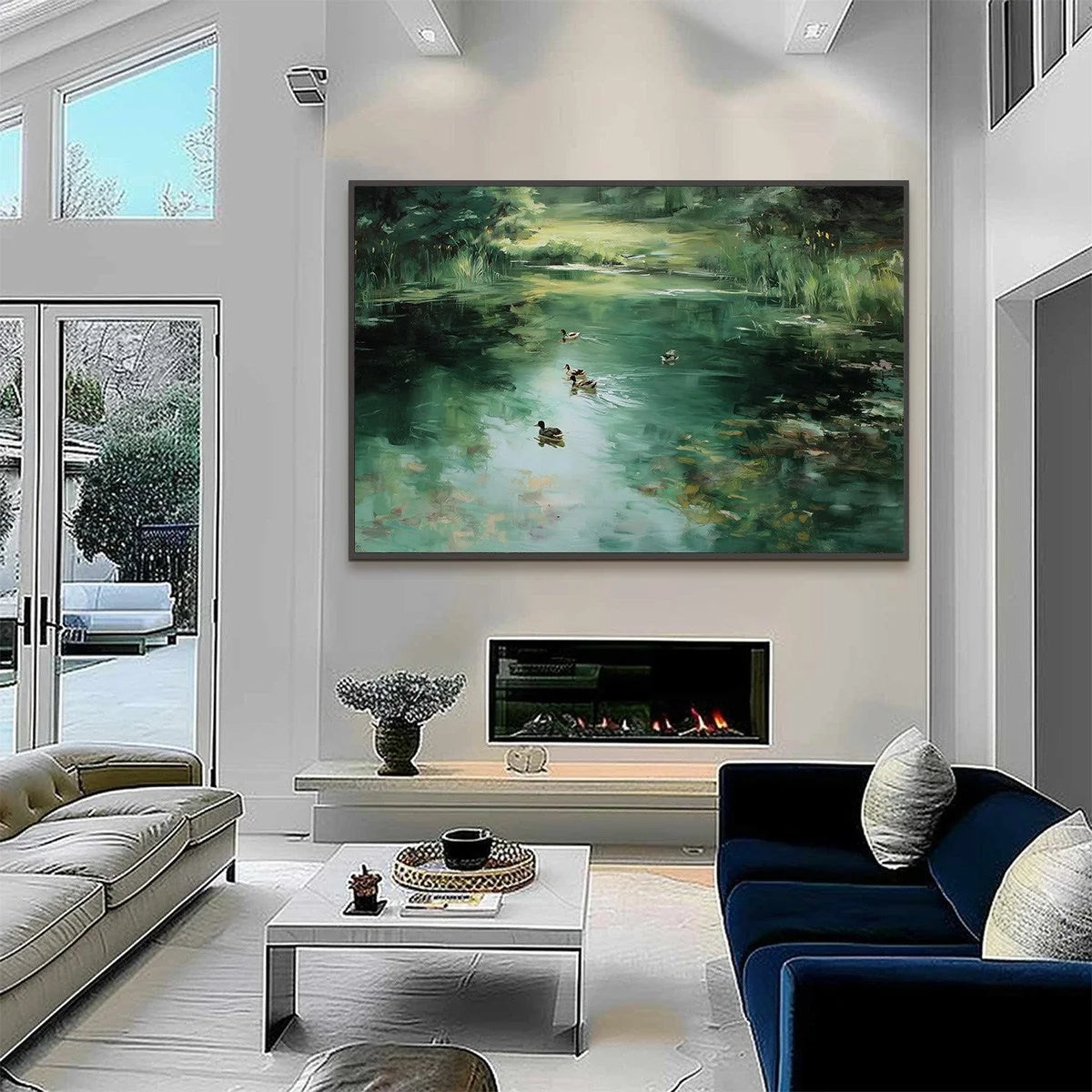 VERDANT DRIFT: Impressionistic Green Pond with Ducks Oil Painting | gold frame stretched on neutral wall