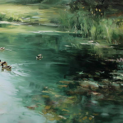 VERDANT DRIFT: Impressionistic Green Pond with Ducks Oil Painting | rolled canvas, ready for custom framing