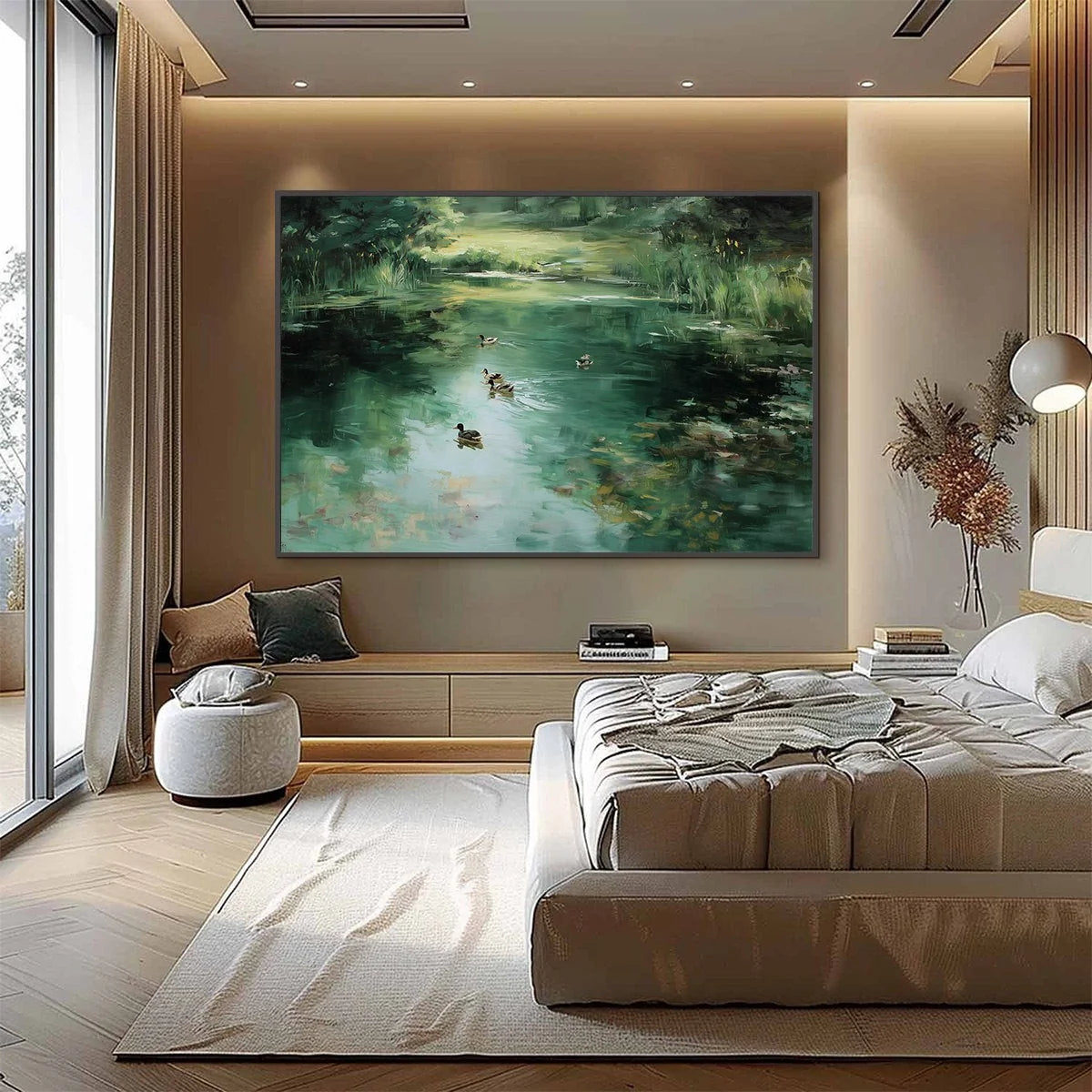 VERDANT DRIFT: Impressionistic Green Pond with Ducks Oil Painting | black frame version on white wall