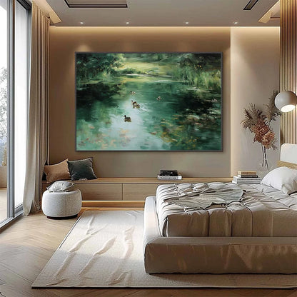 VERDANT DRIFT: Impressionistic Green Pond with Ducks Oil Painting | black frame version on white wall