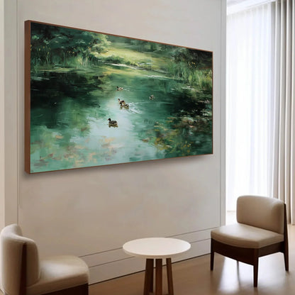 VERDANT DRIFT: Impressionistic Green Pond with Ducks Oil Painting | Impressionist mood, soft natural light studio shot