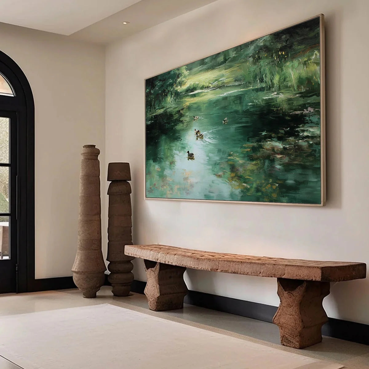 VERDANT DRIFT: Impressionistic Green Pond with Ducks Oil Painting | green palette, original oil on stretched canvas art