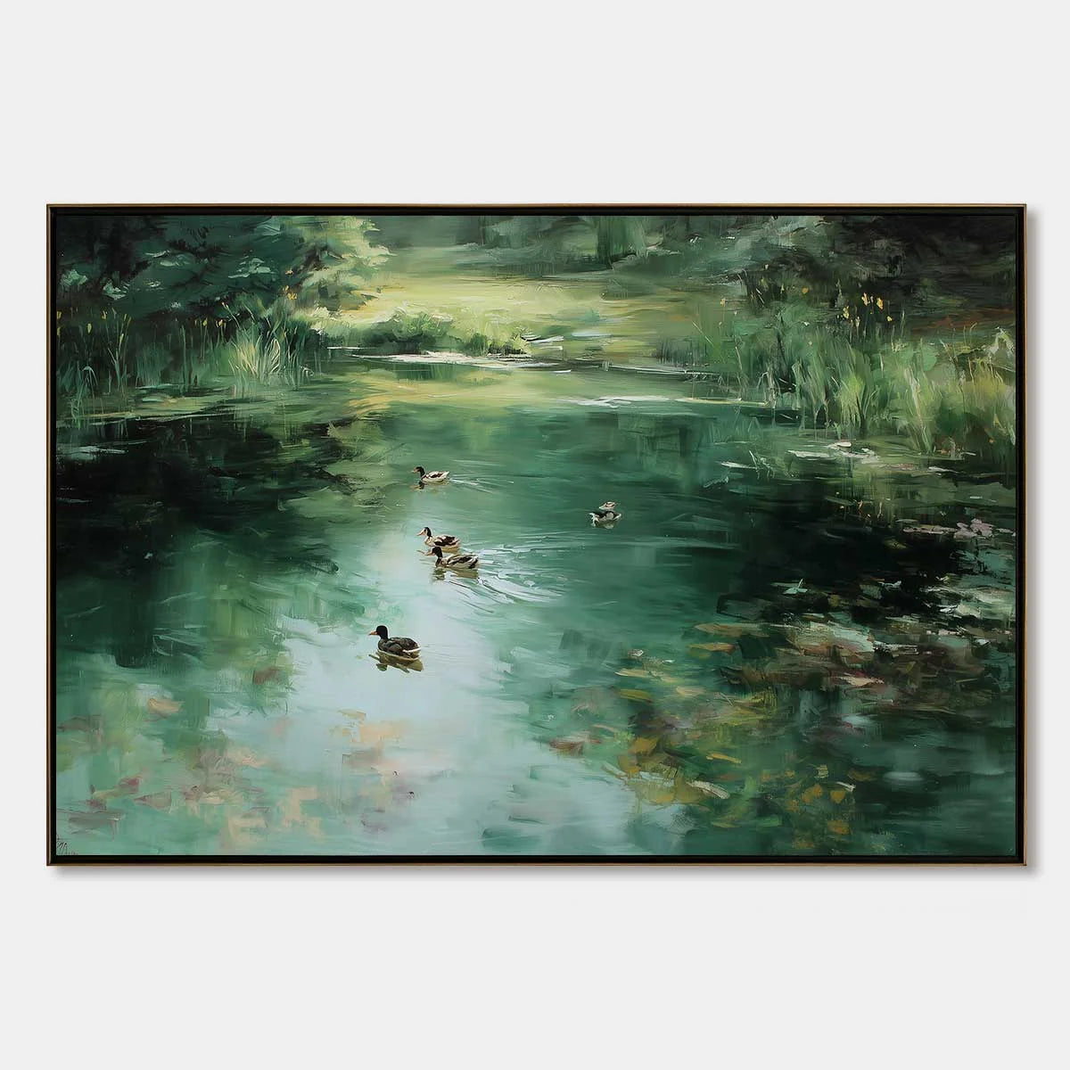 VERDANT DRIFT: Impressionistic Green Pond with Ducks Oil Painting | hanging in living room, Impressionist wall art