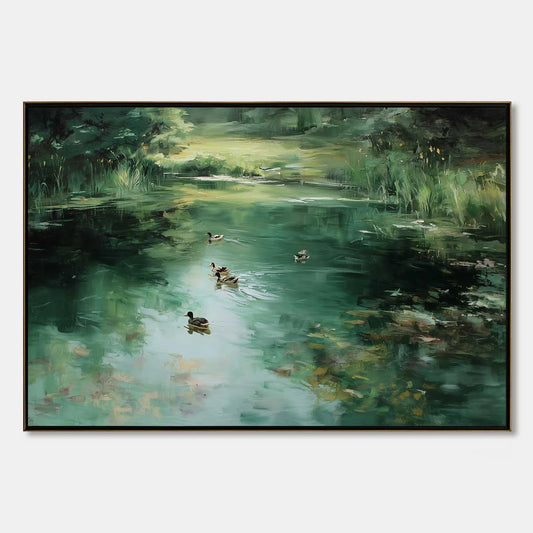 VERDANT DRIFT: Impressionistic Green Pond with Ducks Oil Painting | hanging in living room, Impressionist wall art