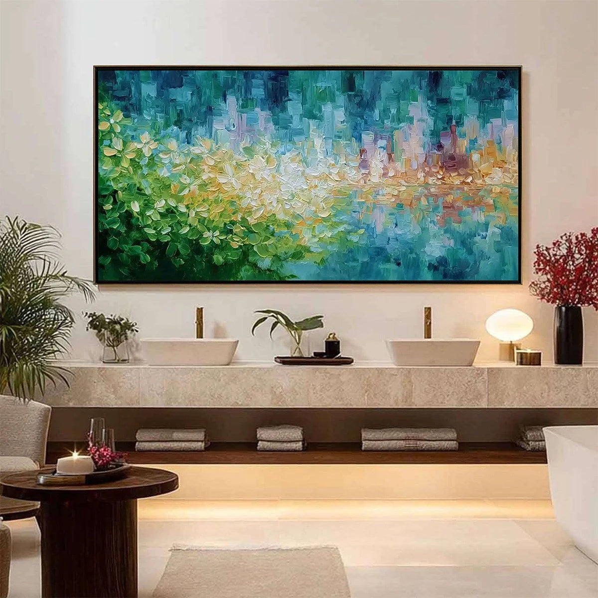 VERDANT ECHO: Textured Impasto Painting of a Lakeside Reflection | Abstract closeup, raised brushwork detail