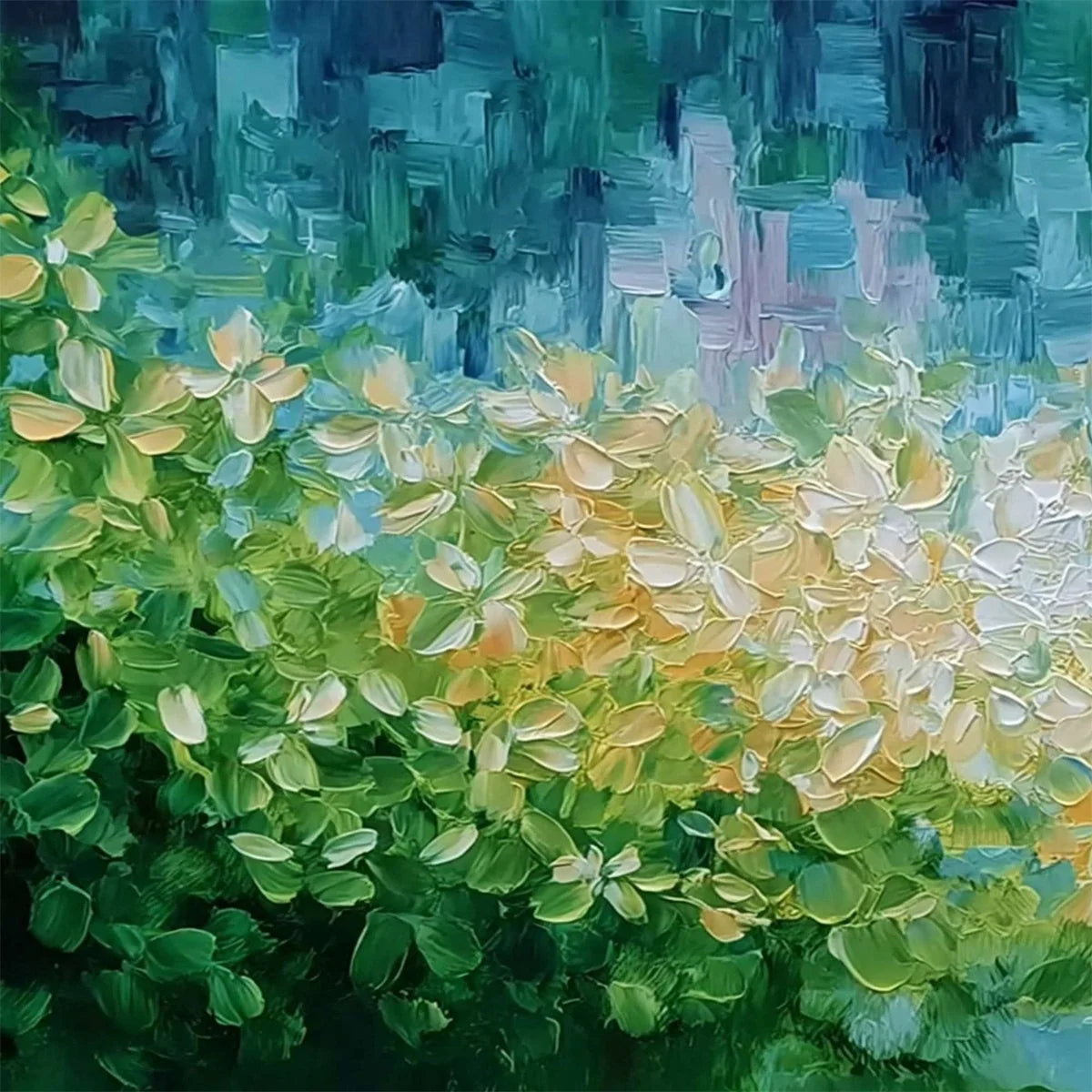 VERDANT ECHO: Textured Impasto Painting of a Lakeside Reflection | rectangular format, hand-painted canvas edge
