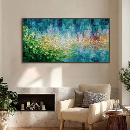 VERDANT ECHO: Textured Impasto Painting of a Lakeside Reflection | gold frame stretched on neutral wall