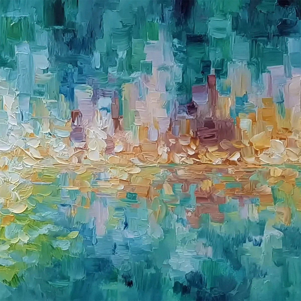VERDANT ECHO: Textured Impasto Painting of a Lakeside Reflection | rolled canvas, ready for custom framing