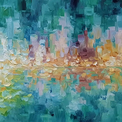VERDANT ECHO: Textured Impasto Painting of a Lakeside Reflection | rolled canvas, ready for custom framing