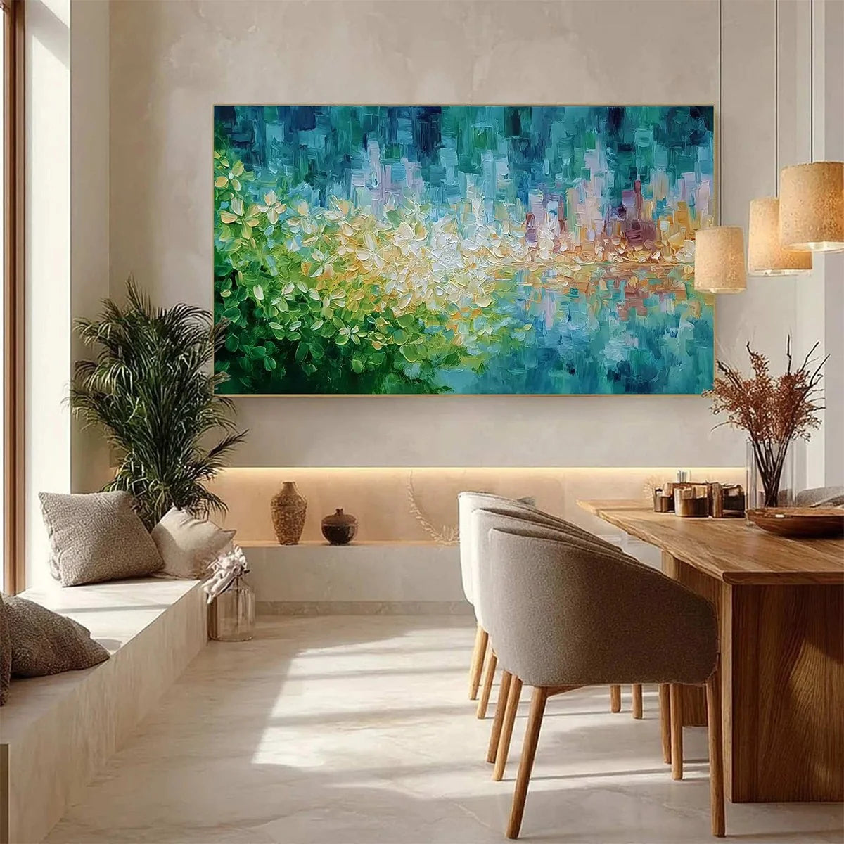 VERDANT ECHO: Textured Impasto Painting of a Lakeside Reflection | black frame version on white wall