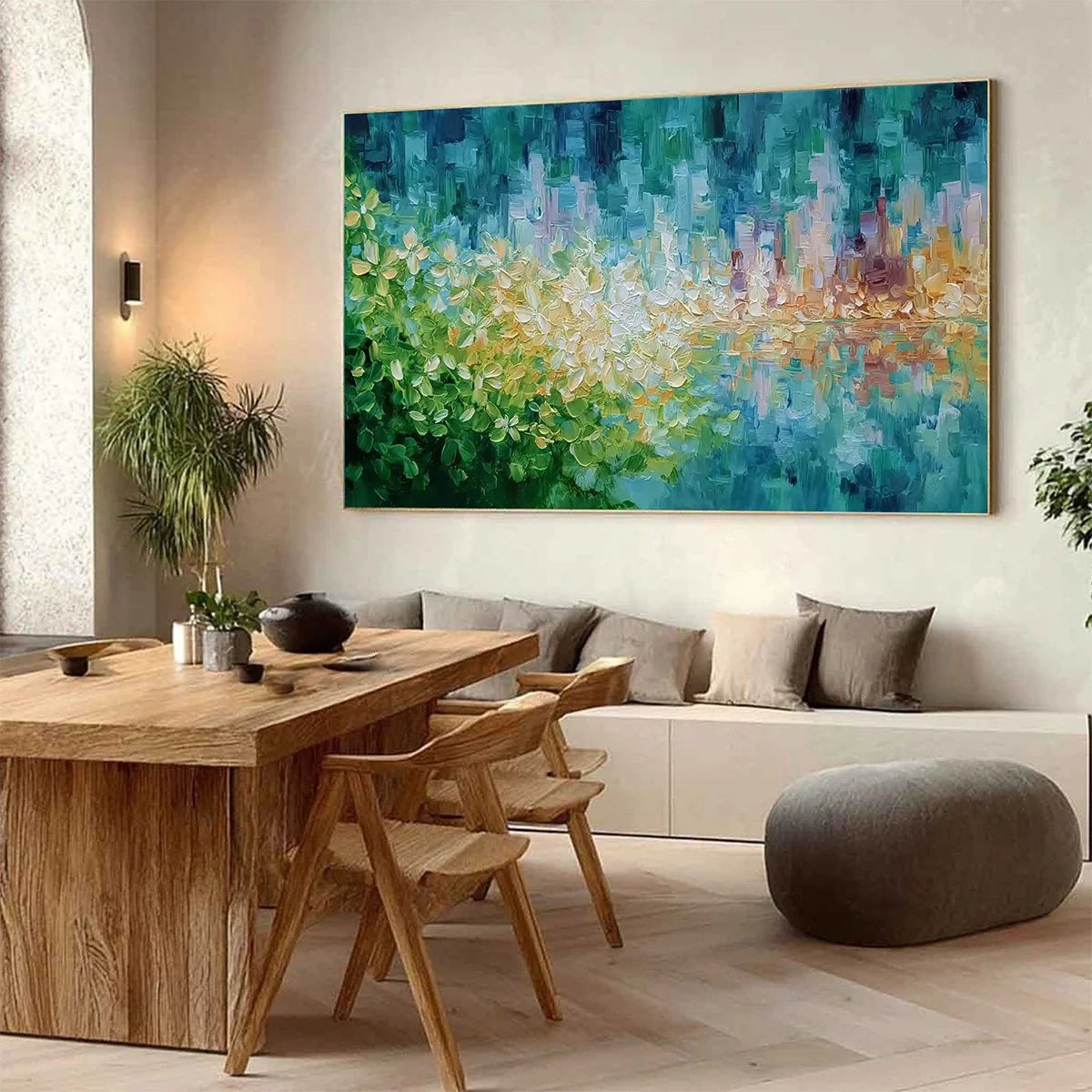 VERDANT ECHO: Textured Impasto Painting of a Lakeside Reflection | Abstract mood, soft natural light studio shot