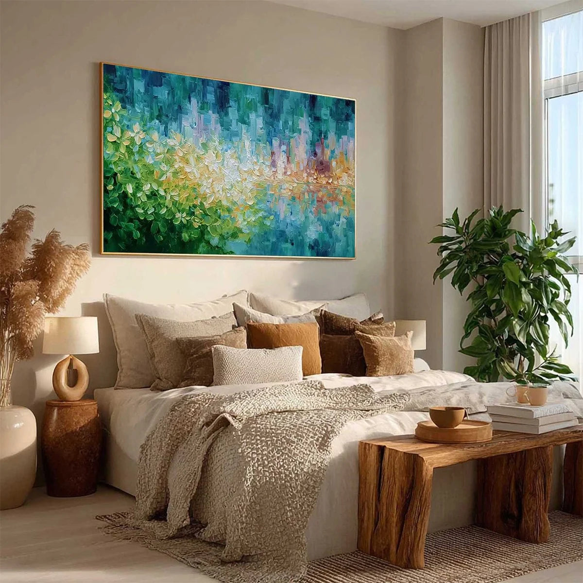 VERDANT ECHO: Textured Impasto Painting of a Lakeside Reflection | multi-color palette, original oil on stretched canvas art