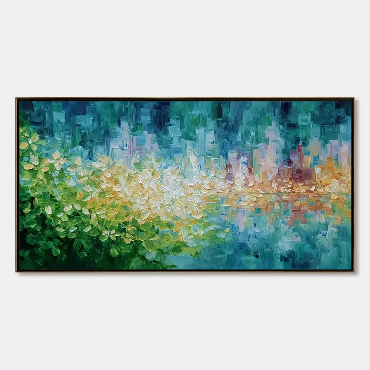 VERDANT ECHO: Textured Impasto Painting of a Lakeside Reflection | hanging in living room, Abstract wall art