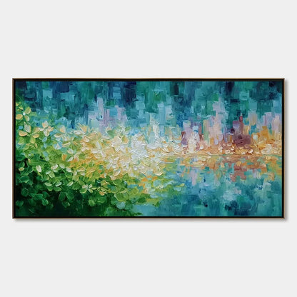 VERDANT ECHO: Textured Impasto Painting of a Lakeside Reflection | hanging in living room, Abstract wall art
