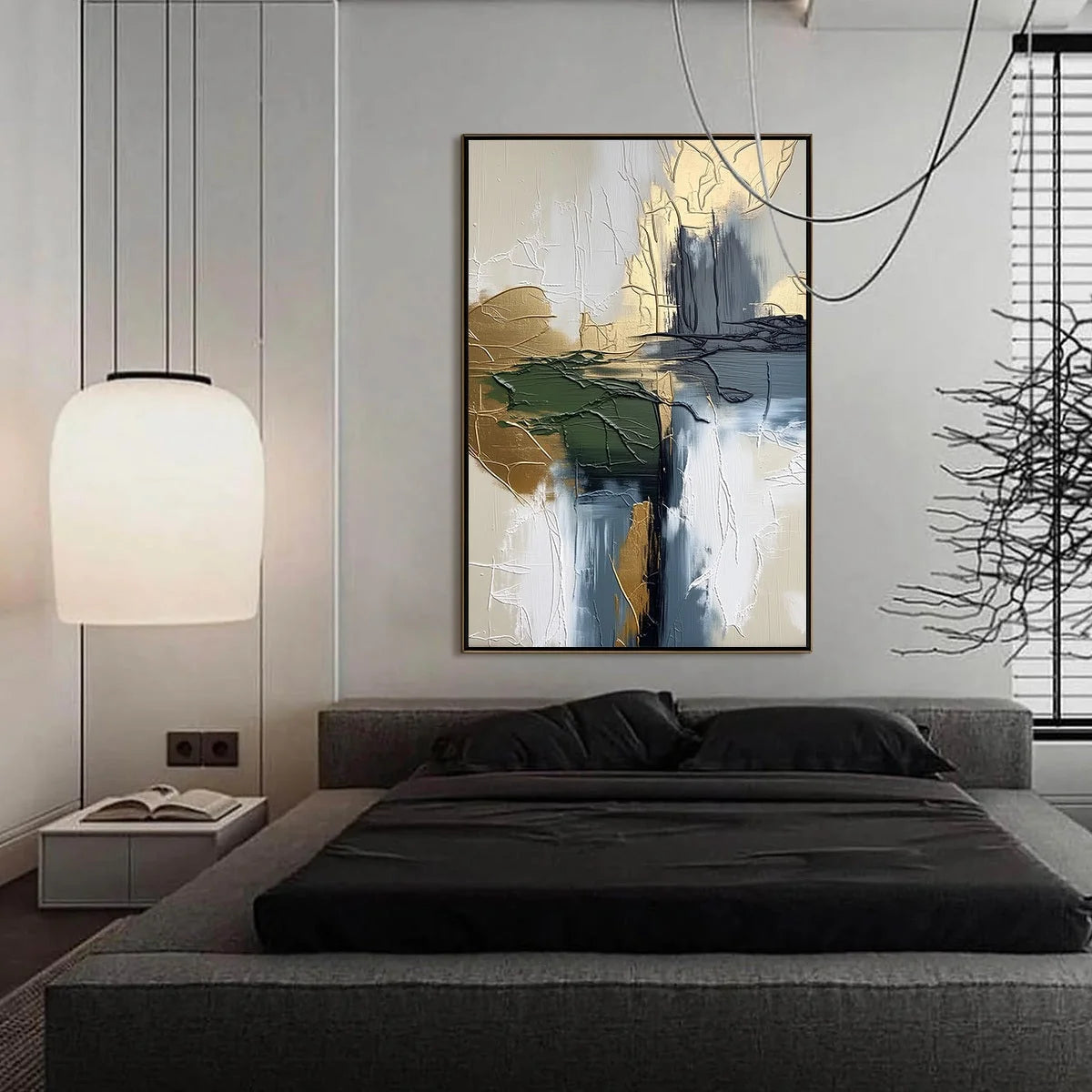 VERDANT ECHO: Textured Wabi Sabi Abstract Landscape Painting | gold frame stretched on neutral wall