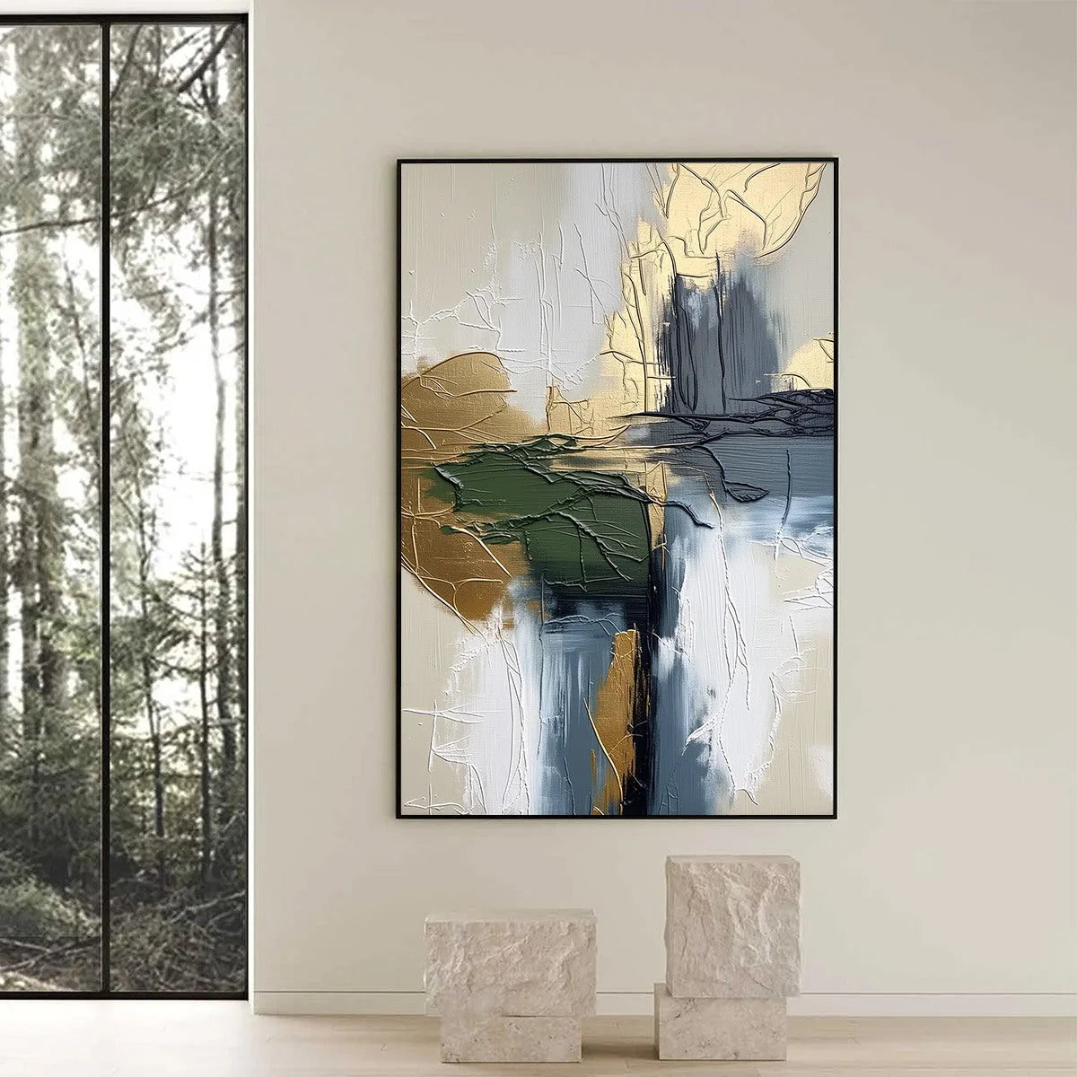VERDANT ECHO: Textured Wabi Sabi Abstract Landscape Painting | black frame version on white wall
