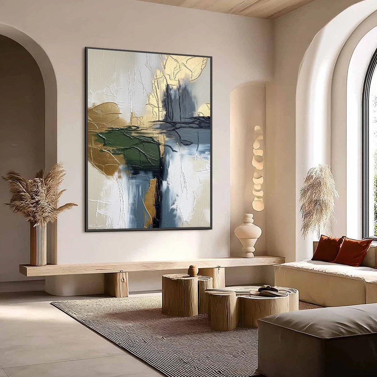 VERDANT ECHO: Textured Wabi Sabi Abstract Landscape Painting | Abstract mood, soft natural light studio shot