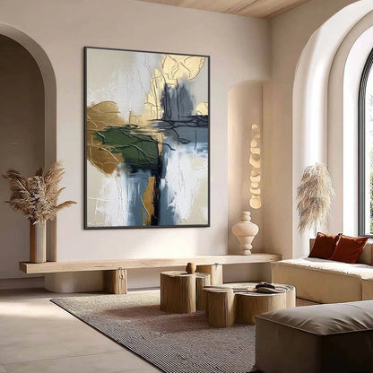 VERDANT ECHO: Textured Wabi Sabi Abstract Landscape Painting | Abstract mood, soft natural light studio shot