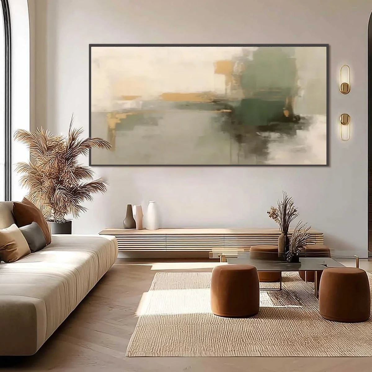 VERDANT ECHO: Wabi Sabi Abstract Landscape Painting | rectangular format, hand-painted canvas edge