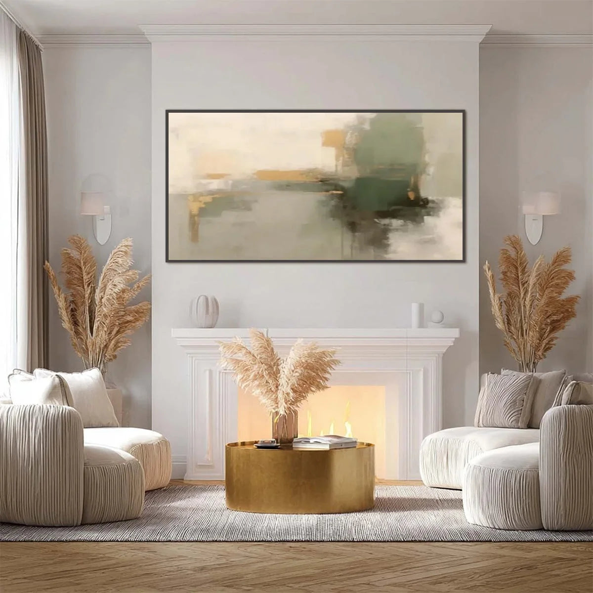 VERDANT ECHO: Wabi Sabi Abstract Landscape Painting | gold frame stretched on neutral wall