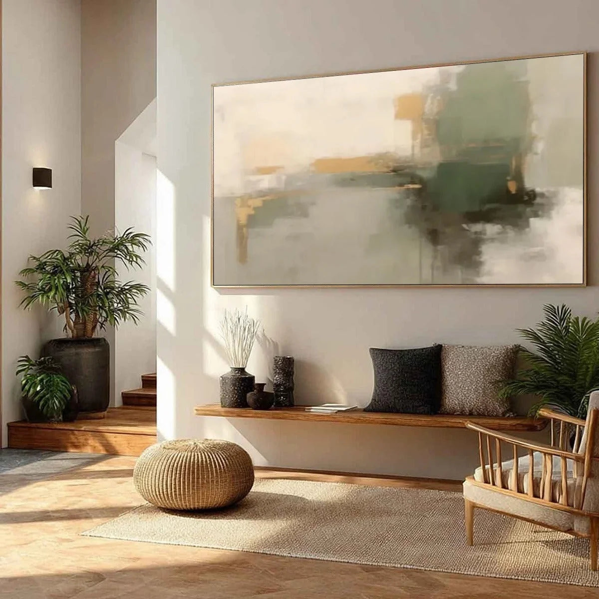 VERDANT ECHO: Wabi Sabi Abstract Landscape Painting | black frame version on white wall