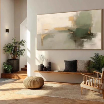 VERDANT ECHO: Wabi Sabi Abstract Landscape Painting | black frame version on white wall