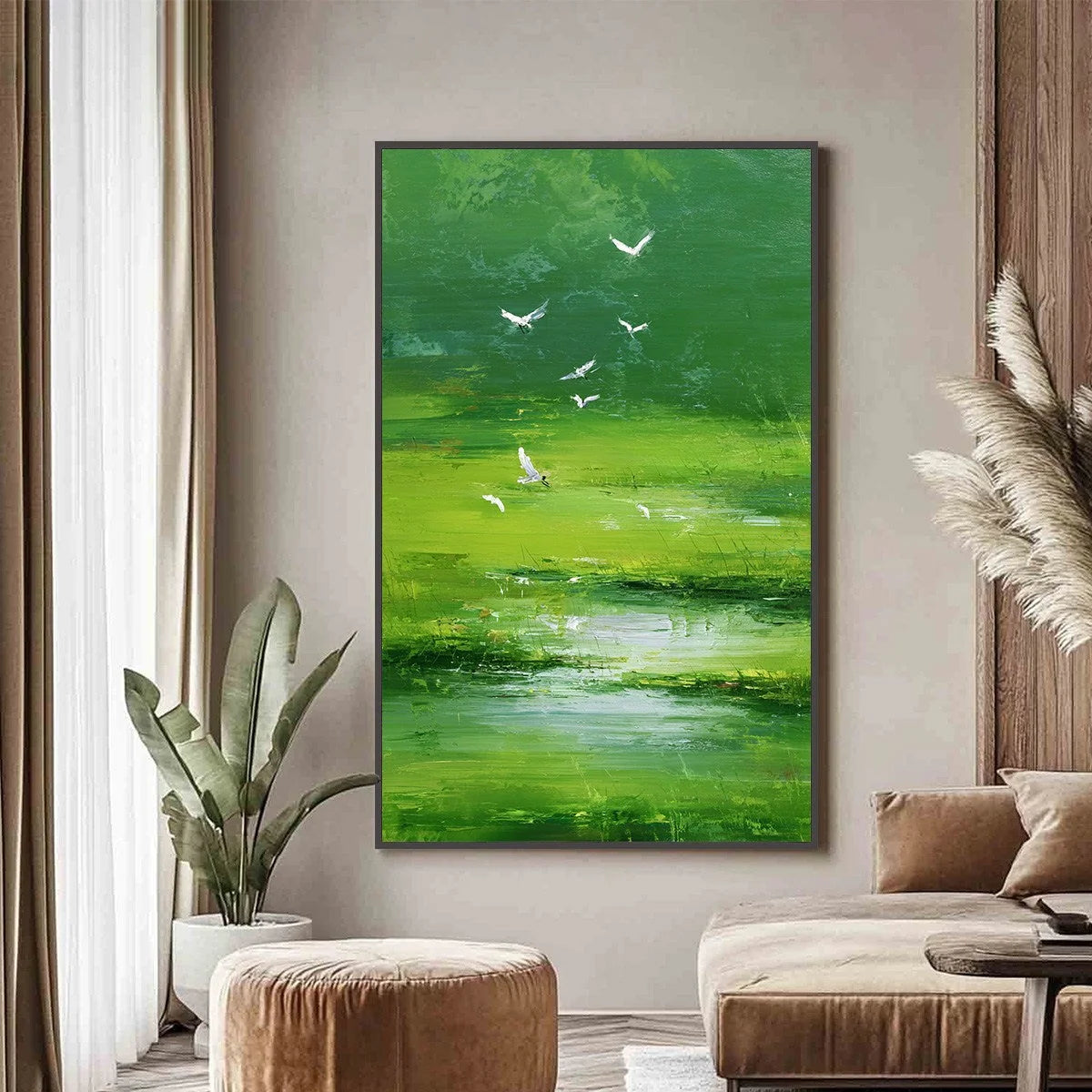 VERDANT FLIGHT: Textured Green Landscape Painting of a Serene Marsh | Landscape closeup, raised brushwork detail