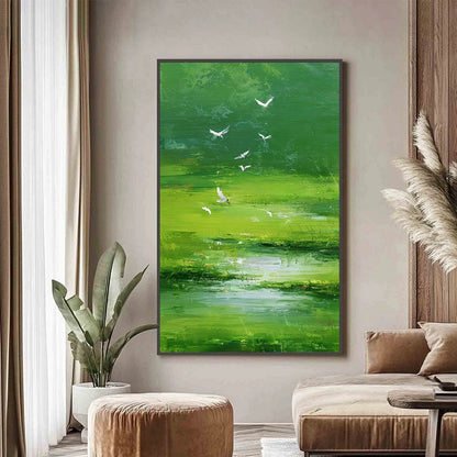 VERDANT FLIGHT: Textured Green Landscape Painting of a Serene Marsh | Landscape closeup, raised brushwork detail
