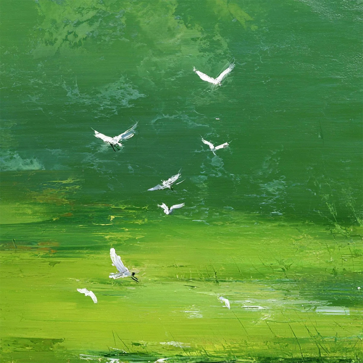 VERDANT FLIGHT: Textured Green Landscape Painting of a Serene Marsh | rectangular format, hand-painted canvas edge