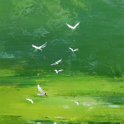 VERDANT FLIGHT: Textured Green Landscape Painting of a Serene Marsh | rectangular format, hand-painted canvas edge