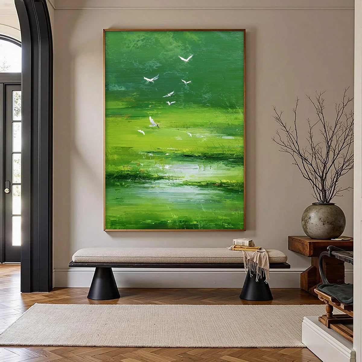VERDANT FLIGHT: Textured Green Landscape Painting of a Serene Marsh | gold frame stretched on neutral wall