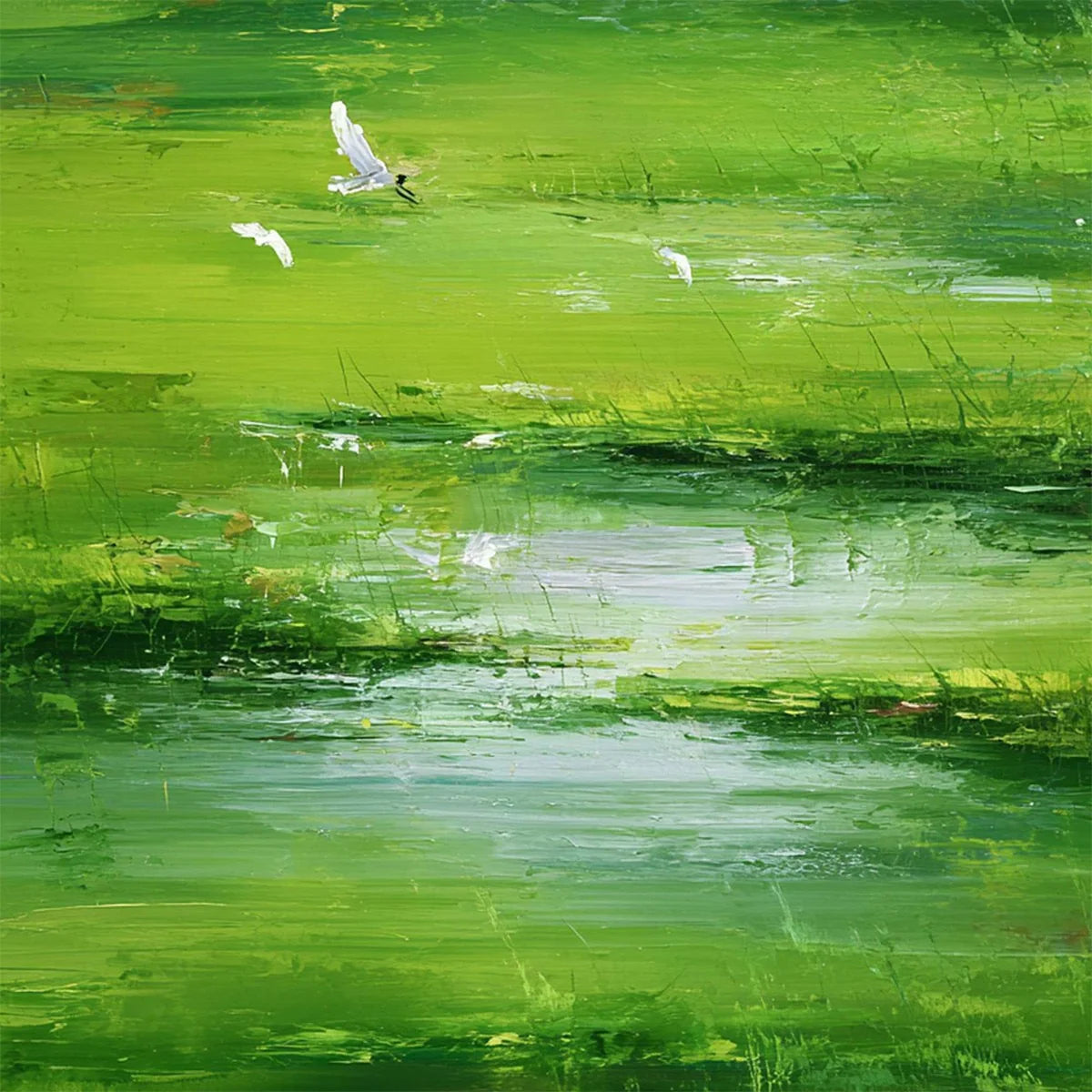 VERDANT FLIGHT: Textured Green Landscape Painting of a Serene Marsh | rolled canvas, ready for custom framing
