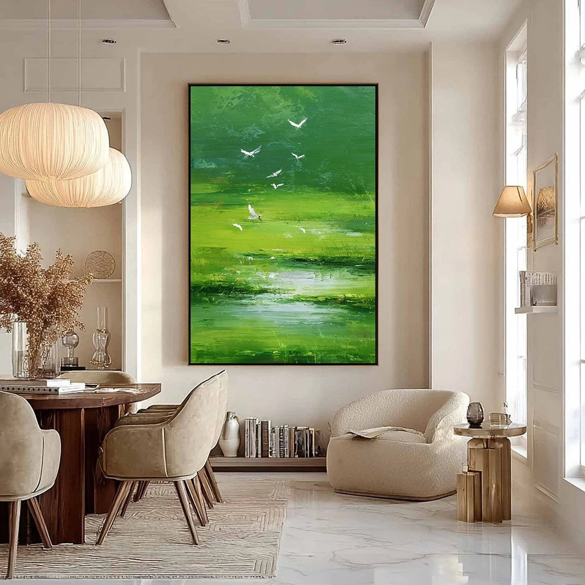 VERDANT FLIGHT: Textured Green Landscape Painting of a Serene Marsh | black frame version on white wall