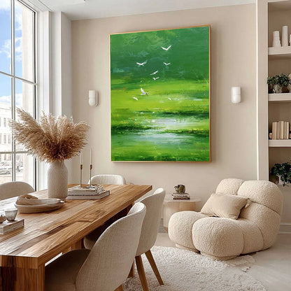 VERDANT FLIGHT: Textured Green Landscape Painting of a Serene Marsh | Landscape mood, soft natural light studio shot