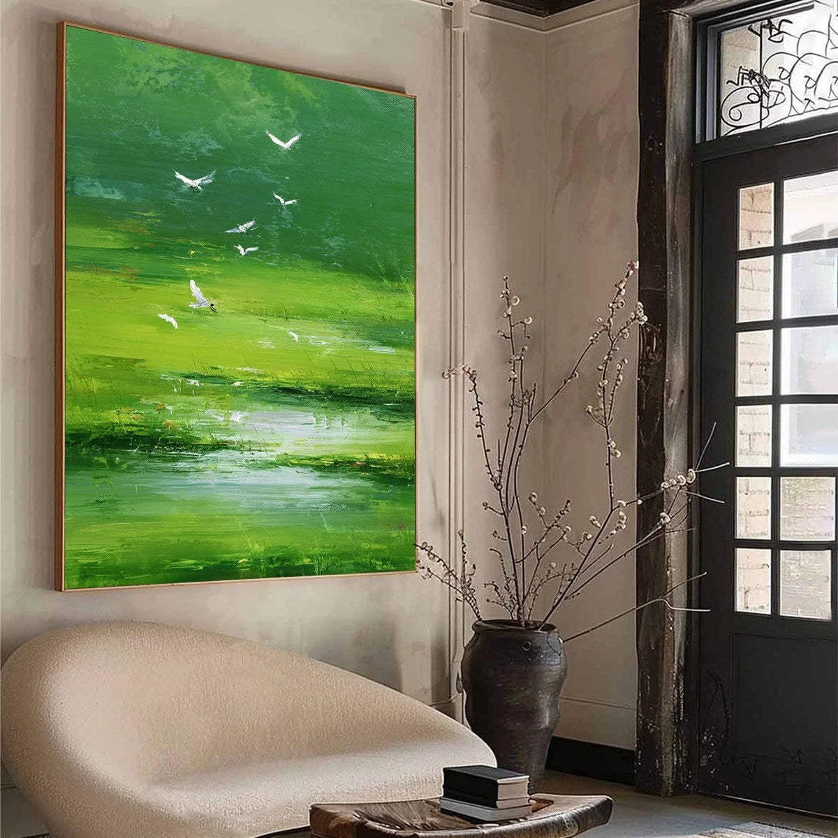 VERDANT FLIGHT: Textured Green Landscape Painting of a Serene Marsh | green palette, original oil on stretched canvas art
