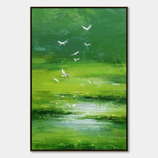 VERDANT FLIGHT: Textured Green Landscape Painting of a Serene Marsh | hanging in living room, Landscape wall art