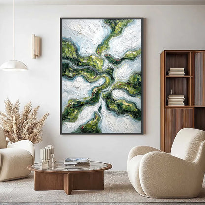 VERDANT FLOW: Abstract Green Impasto Landscape Oil Painting | Abstract closeup, raised brushwork detail