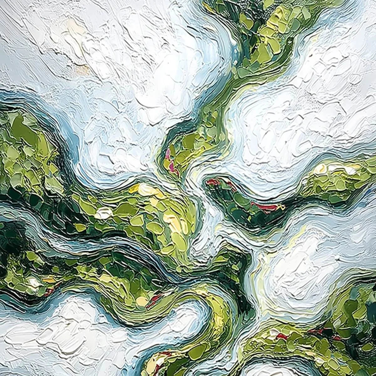VERDANT FLOW: Abstract Green Impasto Landscape Oil Painting | rectangular format, hand-painted canvas edge