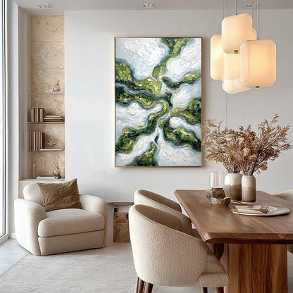 VERDANT FLOW: Abstract Green Impasto Landscape Oil Painting | gold frame stretched on neutral wall